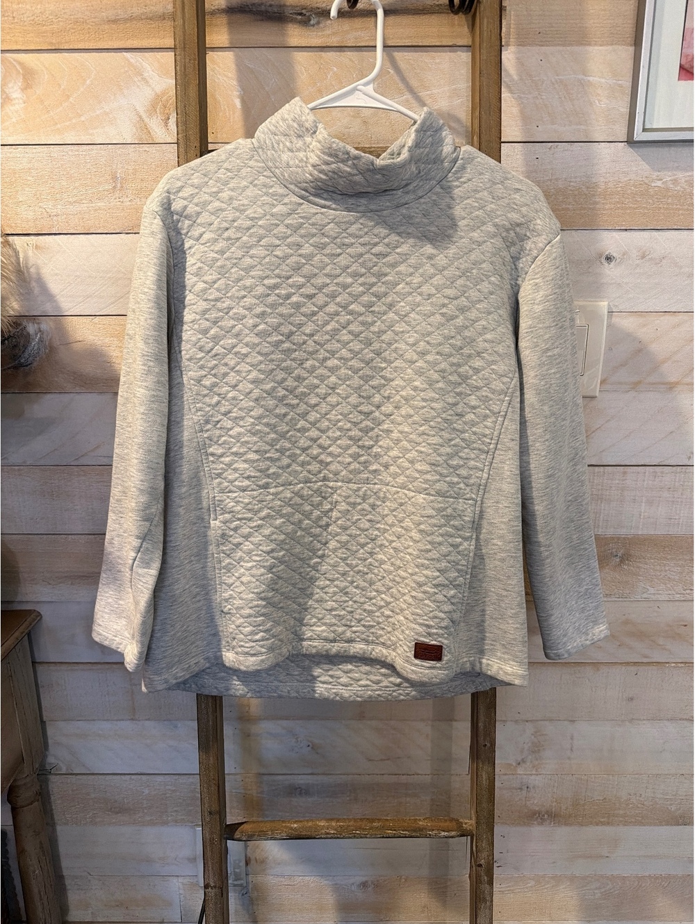 LLBean Quilted Gray Pullover Sweatshirt with Mock Neck, Cotton-Polyester Blend,